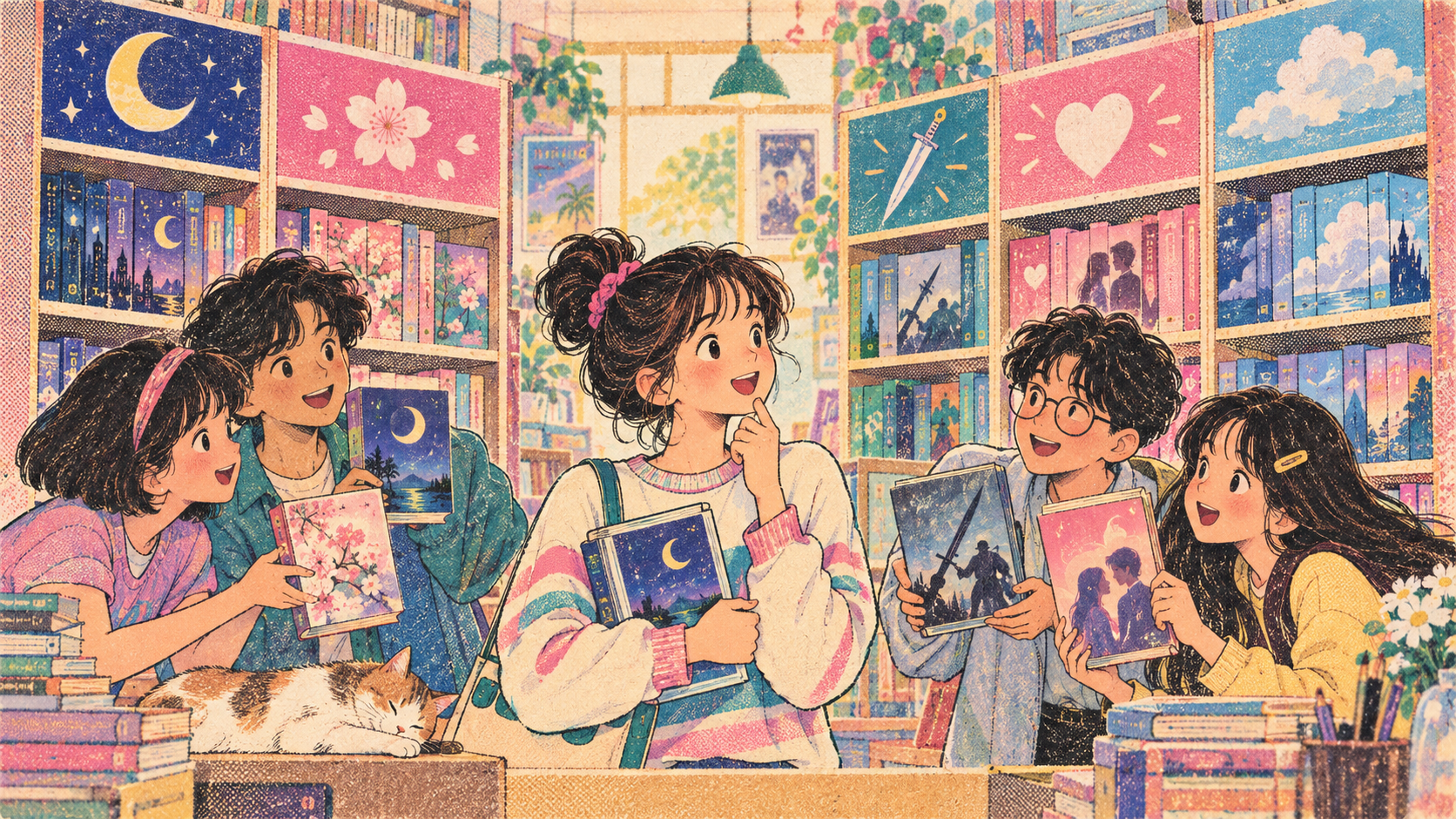 เพื่อนช่วยกันเลือกนิยายในร้านเช่าหนังสือสไตล์ยุค 90s รูปที่ 1